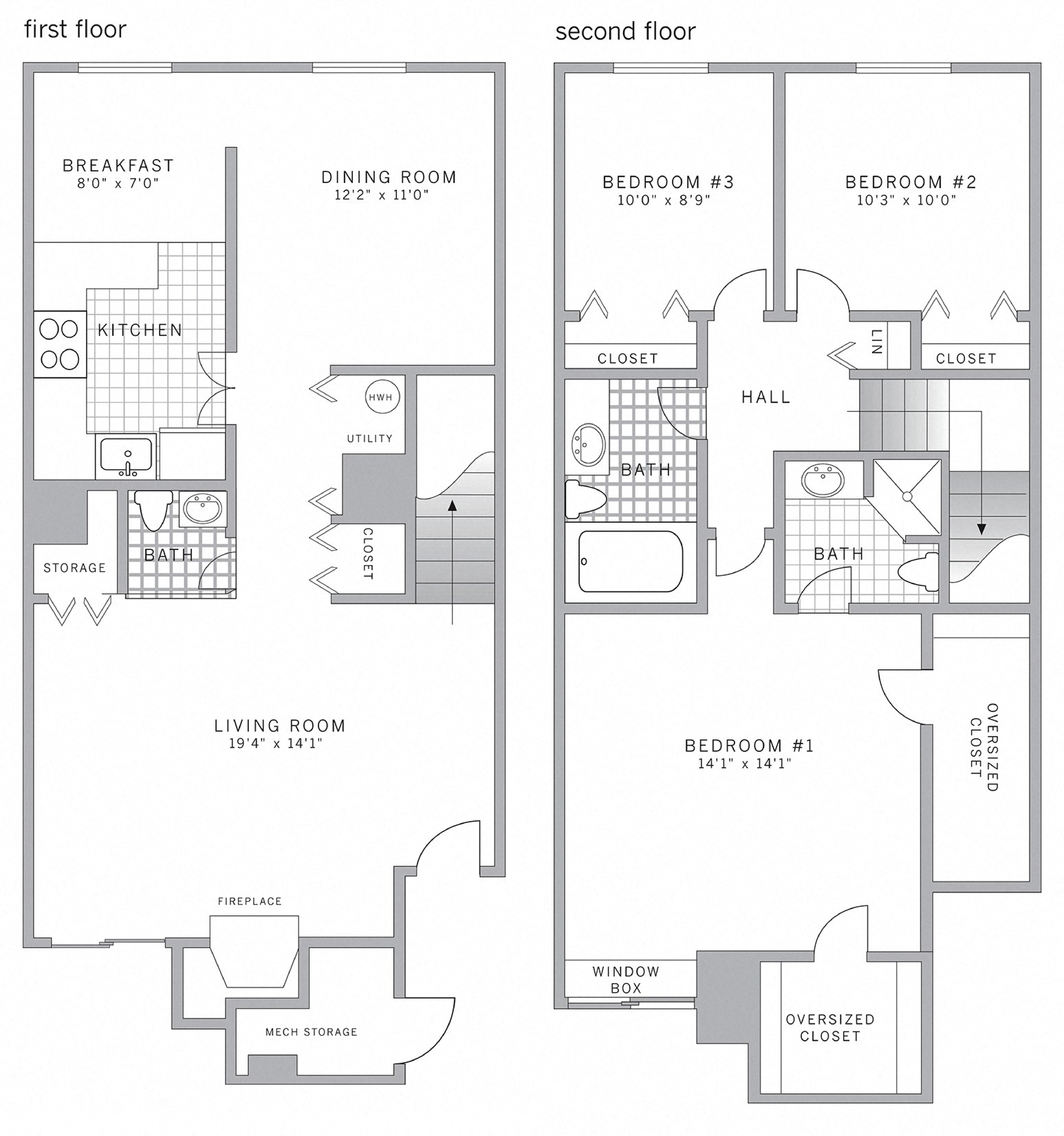 A floor plan of a two-story apartment with dimensions and room names.